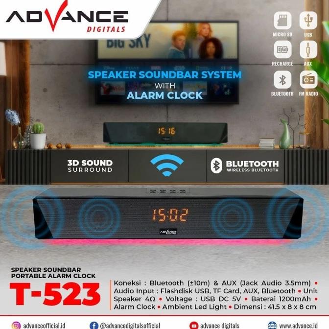 Advance Speaker Soundbar Portable Bluetooth + Alarm Clock T 523