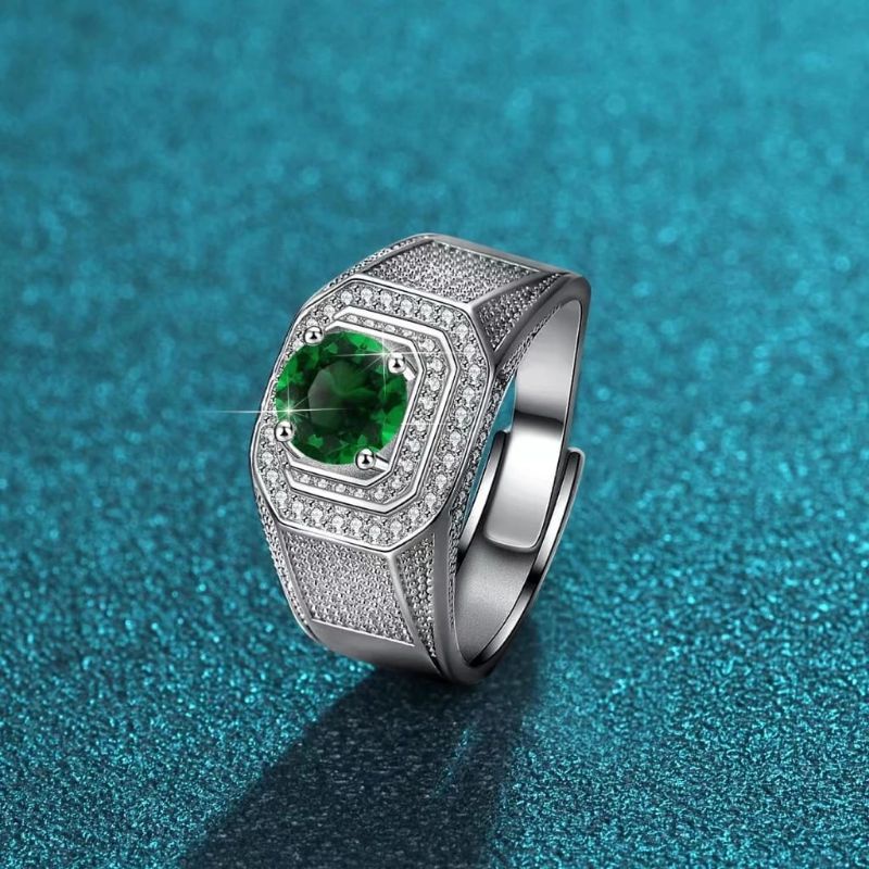 Cincin Perak Batu Berlian Moissonite Hijau