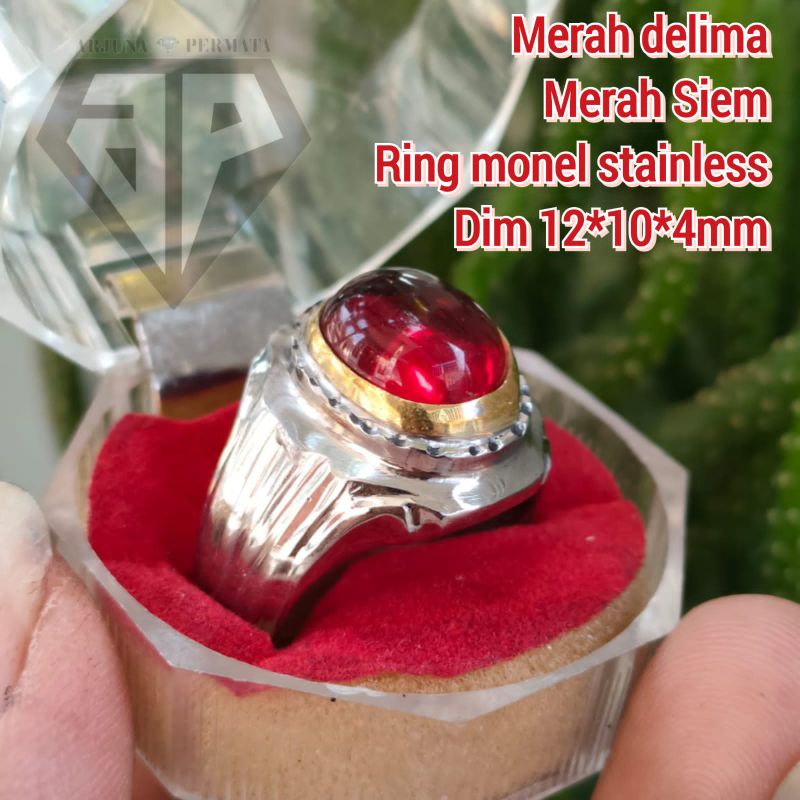 CINCIN PERMATA MERAH DELIMA MERAH SIEM RING STAINLESS MONEL ALUSAN