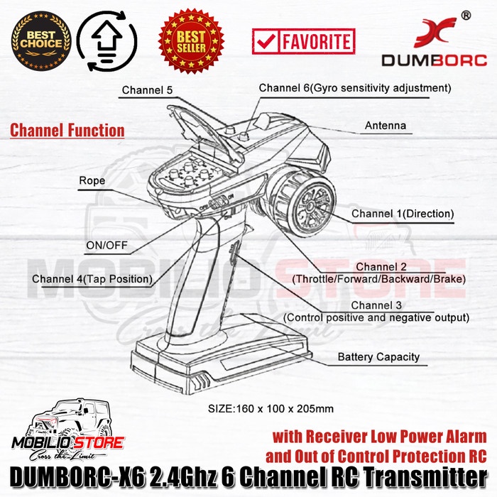 DUMBORC X6 2.4GHZ 6 CHANNEL RC TRANSMITTER WITH RECEIVER X6F OR X6FG