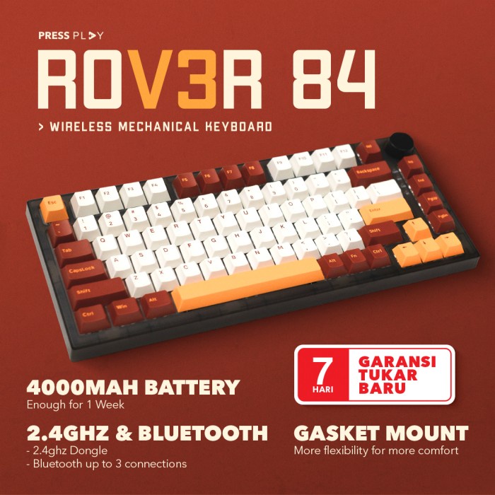 NEW ROVER84 V3 WIRELESS MECHANICAL KEYBOARD GASKET MOUNT BY PRESS PLAY ORIGINAL TERBARU