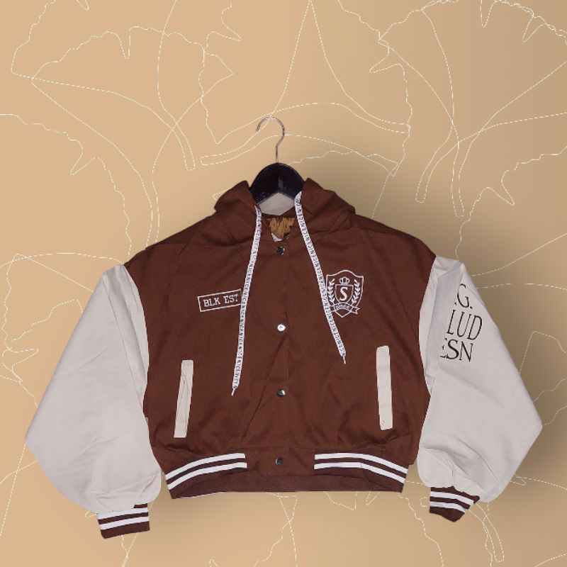 Jaket hoodie parasut crop top jaket baseball S coklat krem jaket parasut wanita jaket parasut kekini