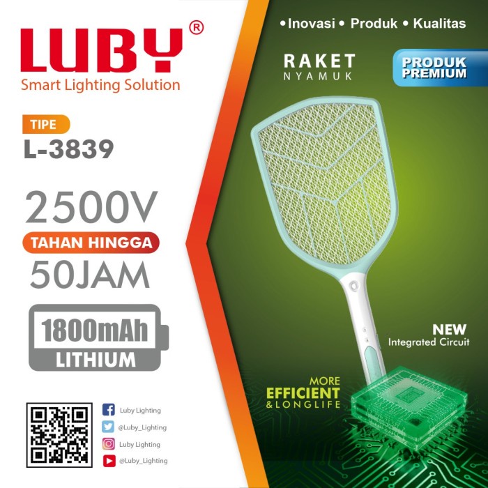 Raket Nyamuk Cas Luby 3839 Batre 1800 mAh Bisa Diganti + Kabel Chager