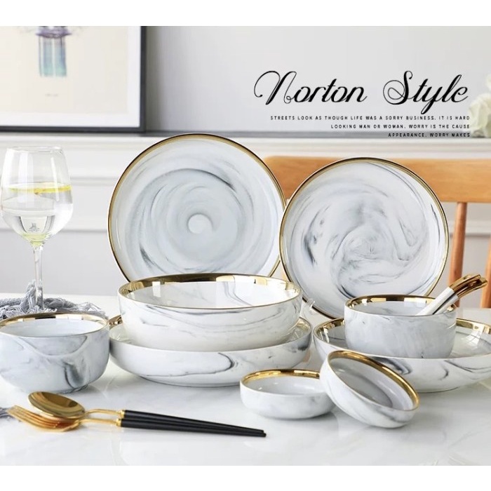 Promo Piring Makan Marble Set / Piring Keramik Marble / Hampers Wedding Gift