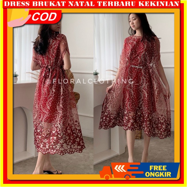 Dress Brokat Terbaru 2023 Dres Wanita Kristen Brukat Pesta Mewah Warna Peach Pink Kuning Dres Brokat