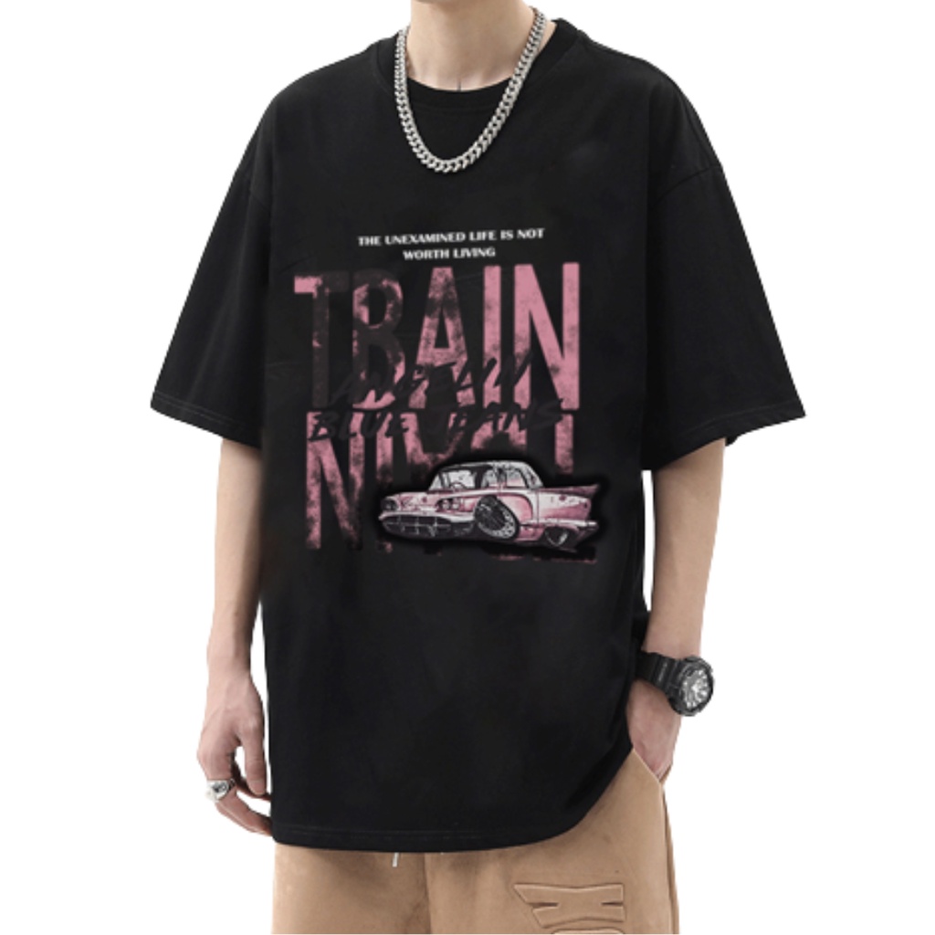 Atasan T-shirt Baju Kaos Pria Wanita Print Car Bahan Katun warna Hitam dan Putih