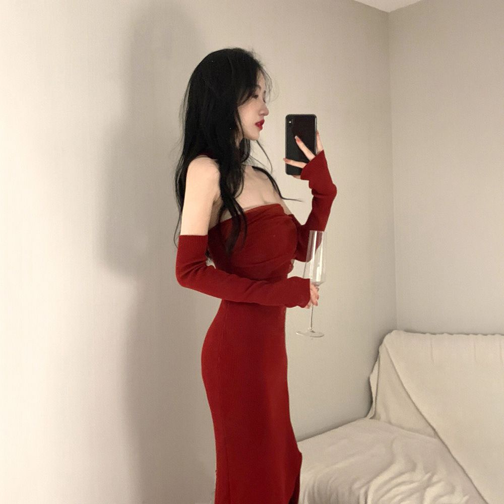 SFO7 Gaun Atasan Tube Gaya Natal, Gaun Panjang Halter Merah Bagian Dalam Terpisah untuk Wanita