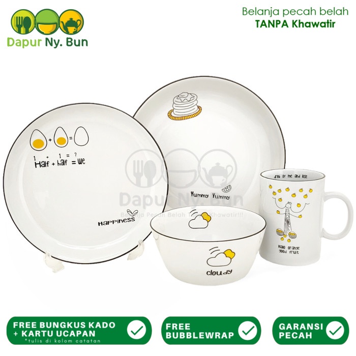 Promo Breakfast Set Cute Ophelia Rhett Isi 4Pcs/Set Gemoy Piring Mangkok Mug
