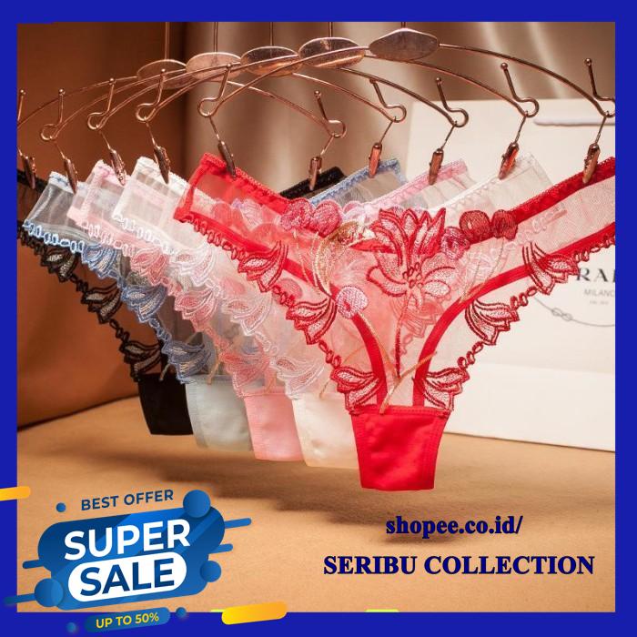 WANITA G STRING POLA BORDIR TRANSPARAN TACK THONG PANTIES  PRODUK TERBAIK 