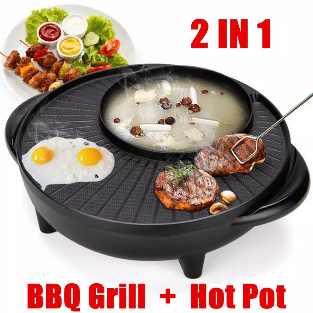 Alat Panggang Daging Elektrik 2 In 1 & Hotpot Steamboat Bbq Grill Pan