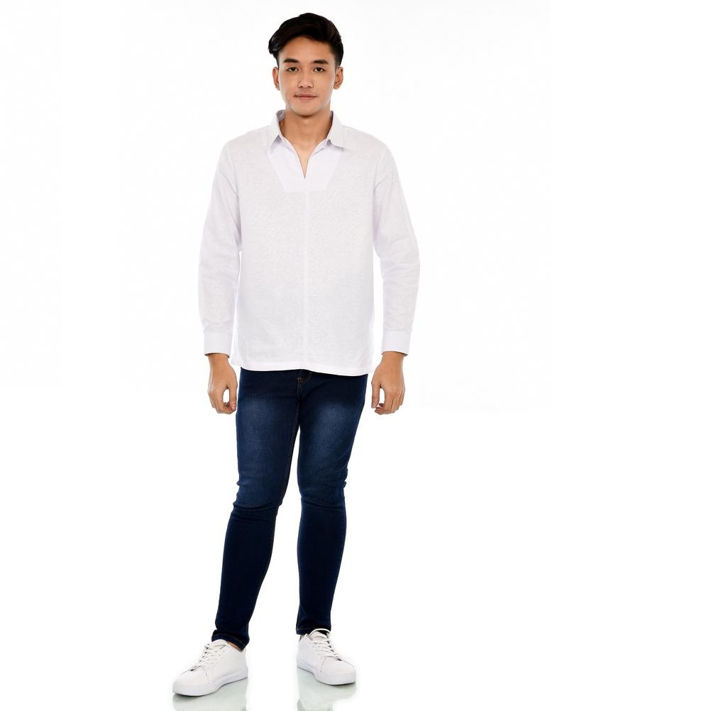 Sale Kemeja Linen Shirt Pantai Pria Bahan Linen Polos Putih Hitam Lengan Panjang COD