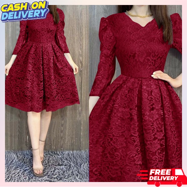 Dri Dress Baju Drrs Batok Lengan Pendek Selulut Kondangan Pesta Natal Seragam Natal Ibu Ibu Pakaian 