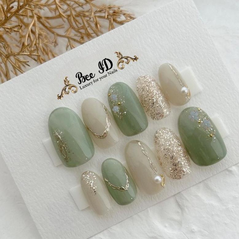 BISA COD NAILS COLOUR SAGE GREEN MARBLE WARNA HIJAU TERBARU SIMPLE BRIDESMAID KUKU PALSU NAIL ART FA