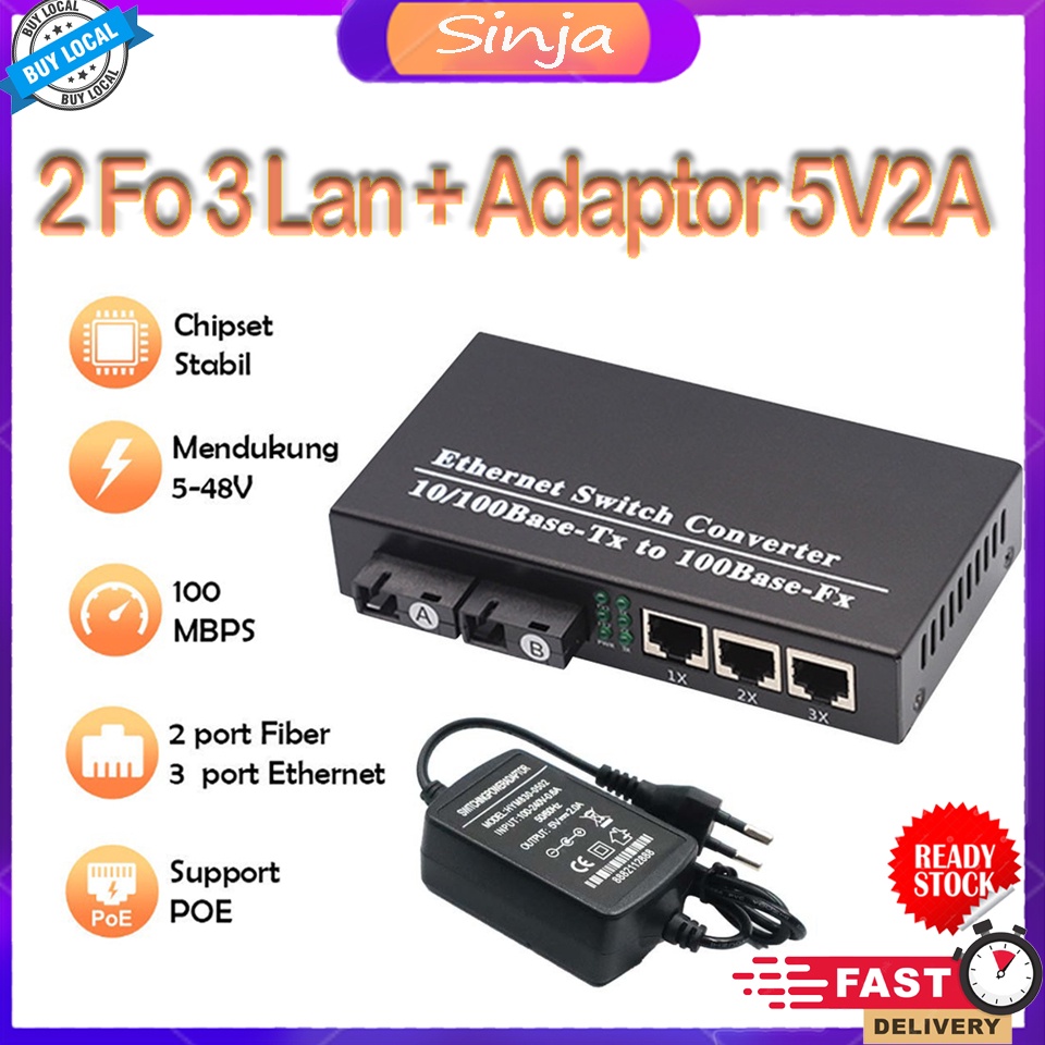 [POE] 2F3E Media Converter 2 Port FO 3 Port LAN Htb 2 Fo 3 Lan Support Poe Switch Fiber Optic Konver