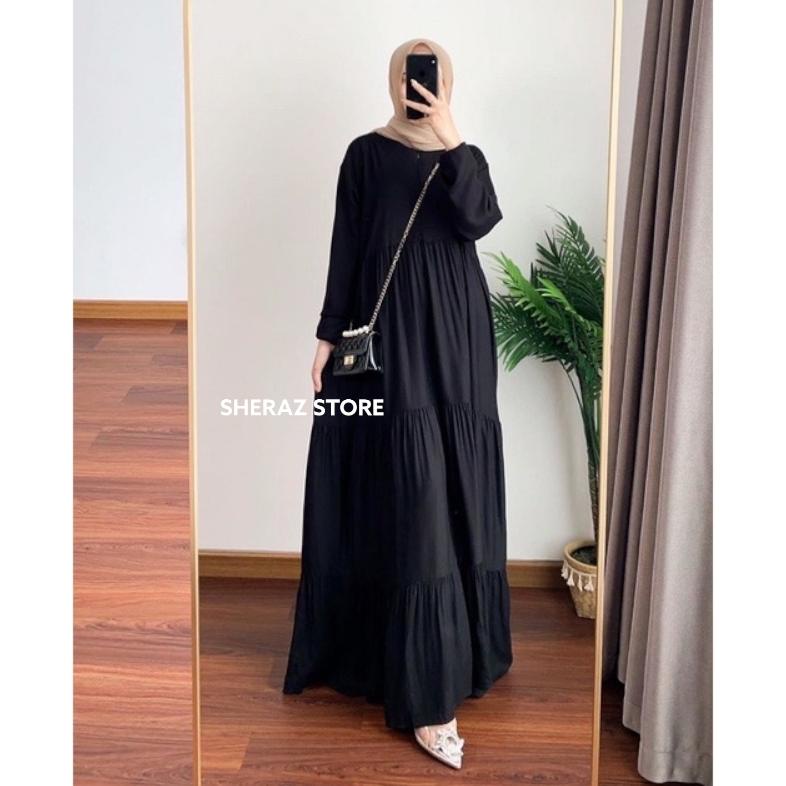 Delvina Maxi - Gamis Rempel Susun Putih Hitam Polos Simple Elegan Wanita Ibu Ibu Jumbo Ld 120 130 14