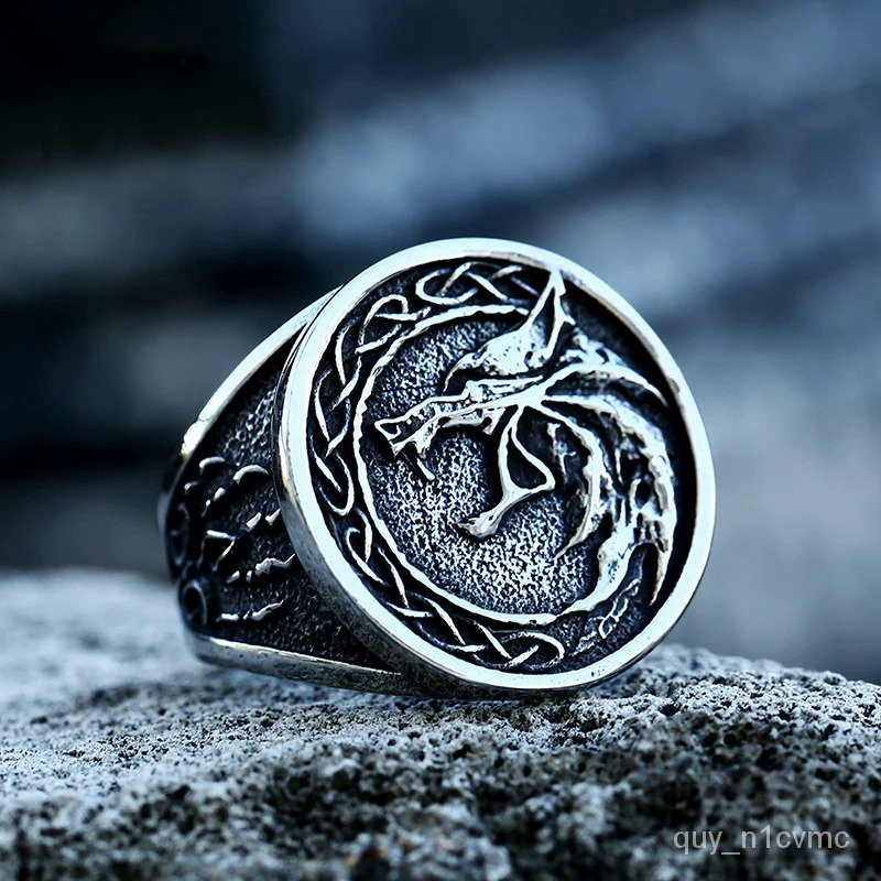 Gothic Punk Pria Baja Nirkarat Pemburu Liar Kepala Serigala Cincin Antik Odin Norse Viking Celtic Si