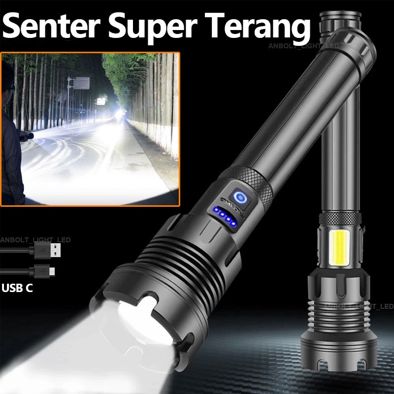 Anbolt Senter Led Terang 90000 Lumens Flashlight Usb C Rechargeable Led Cob Senter Swat Taktis