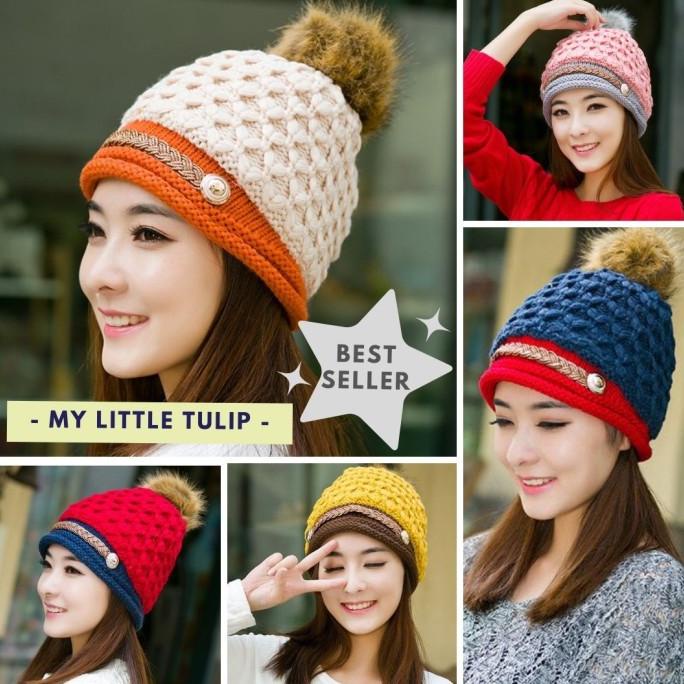 Topi Kupluk Rajut Wanita Dewasa Mama Ibu Korea Style Pom2 Musim Dingin