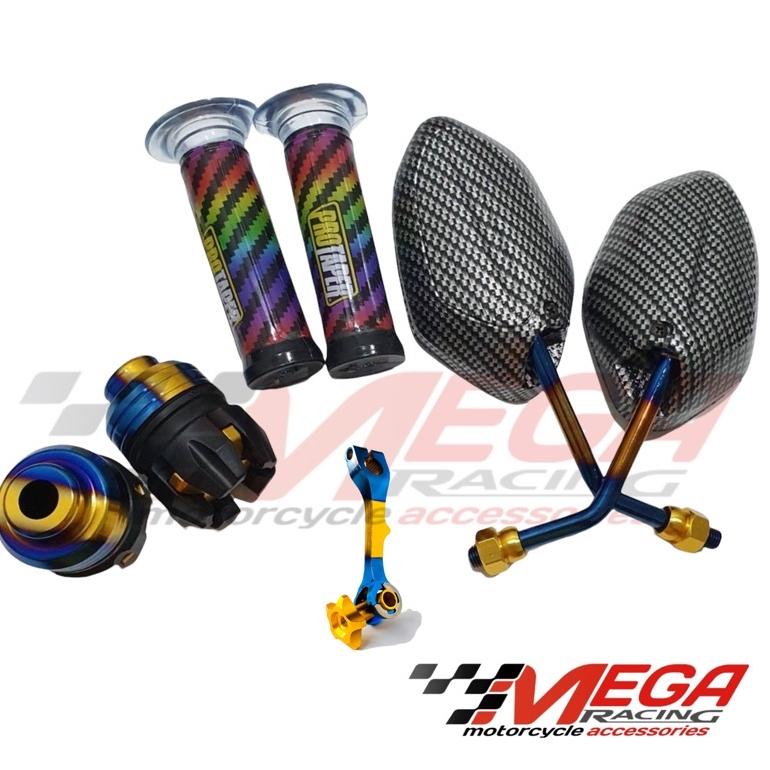 Sale Paket 4 Variasi Thailand - Kaca Spion Model Beat Karbon Twotone + Grip Pelangi + Stempel Kaca T