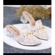 Sendal/Sepatu HEELS Wanita Hak Tahu Kaca Brukat Mutiara T.5cm Size 37-40cm