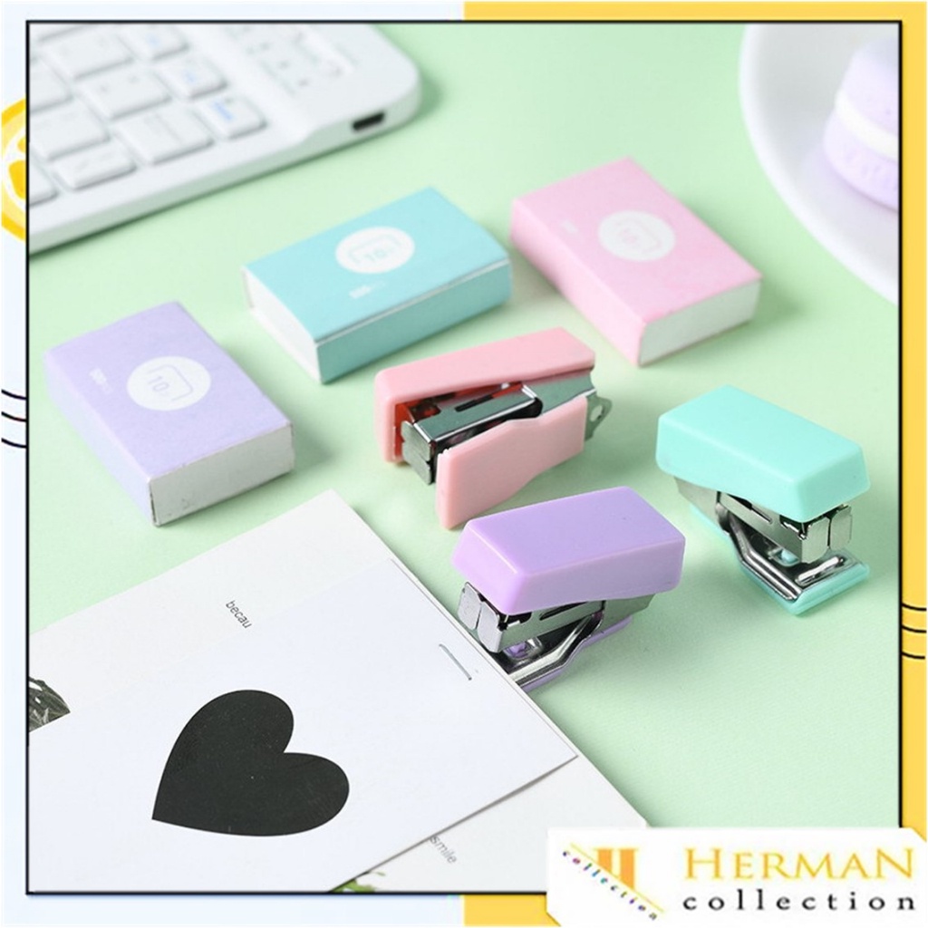 

HC Mini Stapler Set Macaron Color Staples Mini Ukuran Kecil Unik Kemasan Box Lucu Free Isi Warna Pastel Perlengkapan Kantor