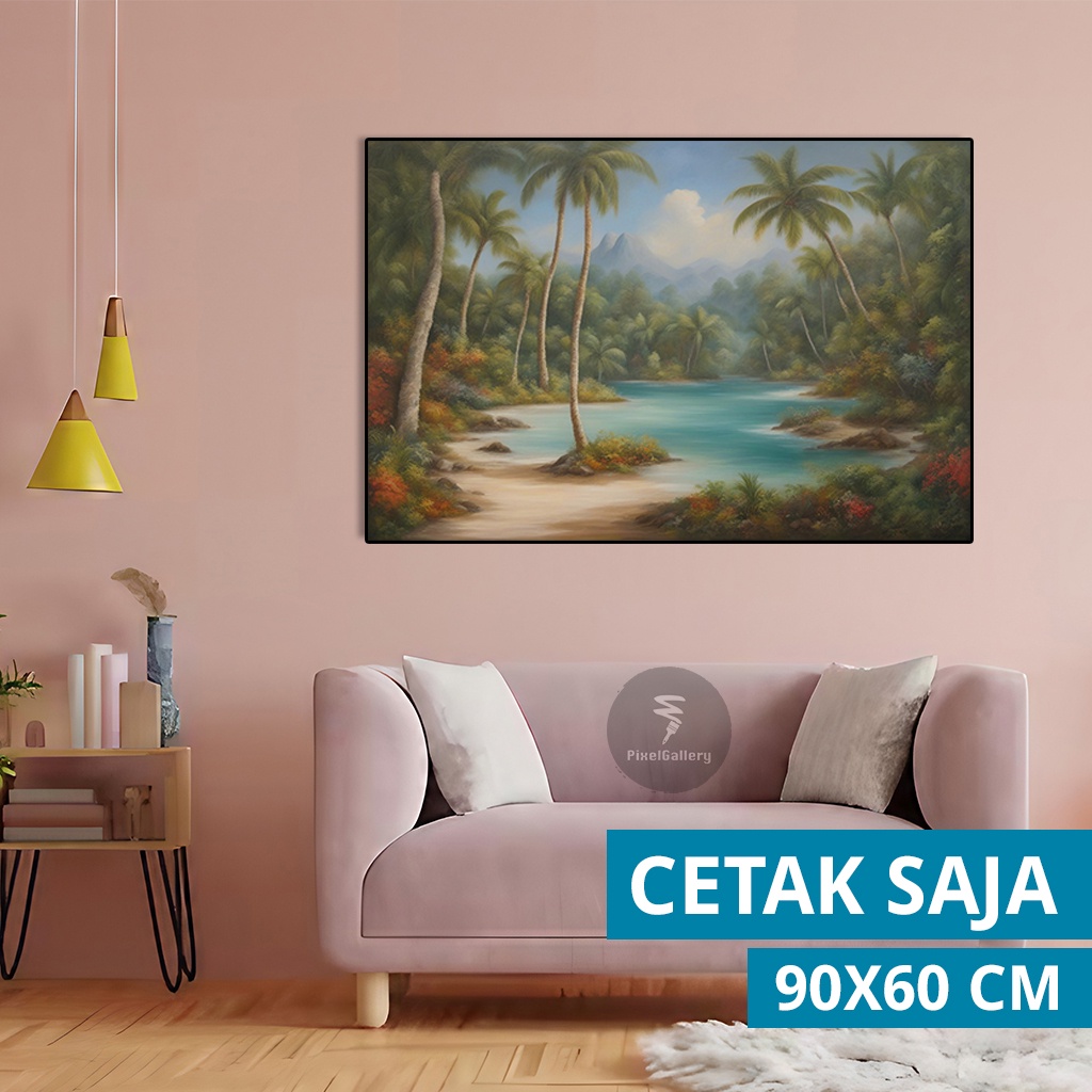 Lukisan EXTRAJUMBO 90x60 Pemandangan Danau Pohon Kelapa Hiasan Dinding Walldecor Estetik Pajangan Po