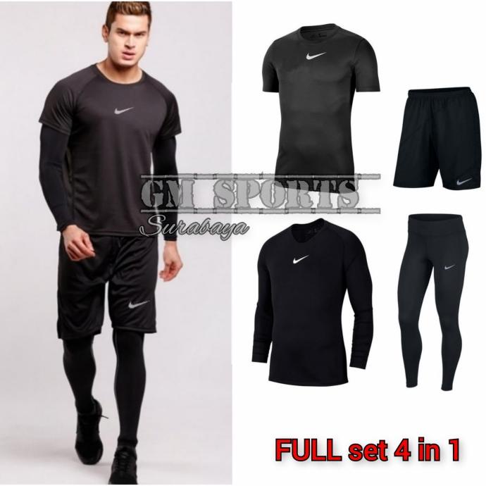 paket stelan baju olahraga pria full set baselayer manset celana sport