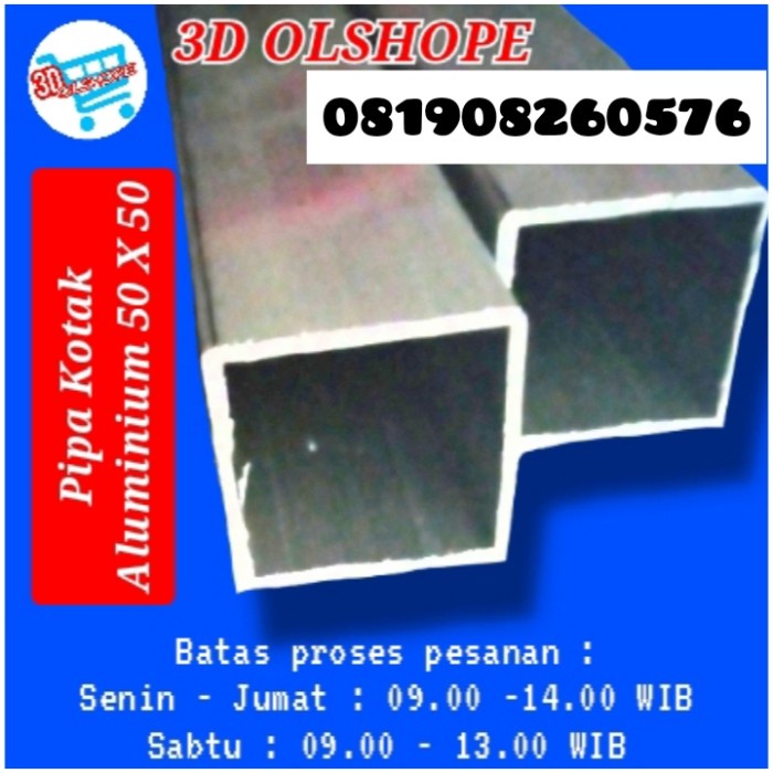 Pipa kotak aluminium / Hollow 50 mm X 50 mm X Tebal 2,6 mm