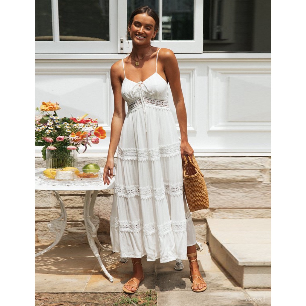 2022AliExpress Independent Station New Women's Bohemian Strap Dress Lace Stitching Large Swing Skirt