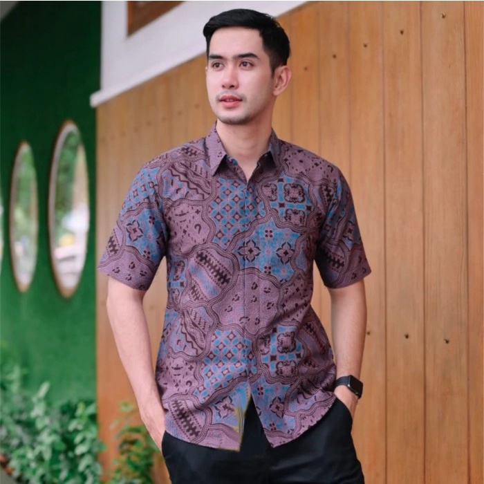 Hards Kemeja Batik Pria Slimfit Warna Ungu Lilac Lengan Pendek Lapis Furing