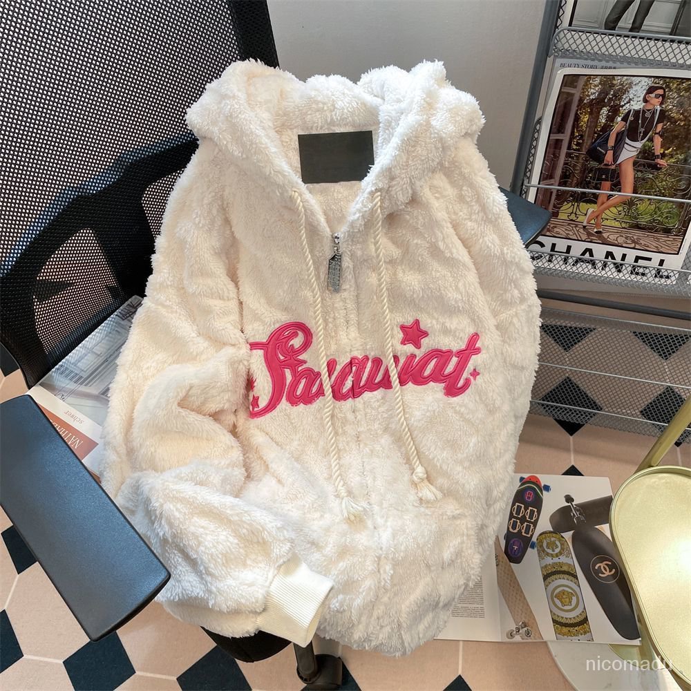 Sherpa Hoodie Zipper White/Fluffy Jacket/Jaket Bulu Tebal Jaket Musim Dingin Jaket Sherpa Bulu Domba