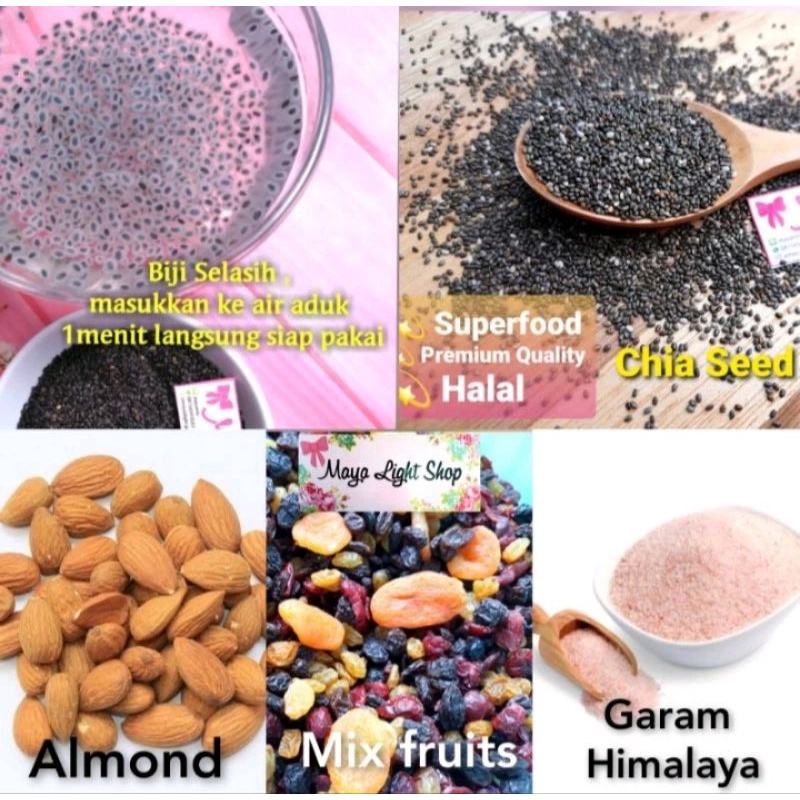 

Super food chia seed garam himalaya salt roasted almond mix fruit vegan food halal murah