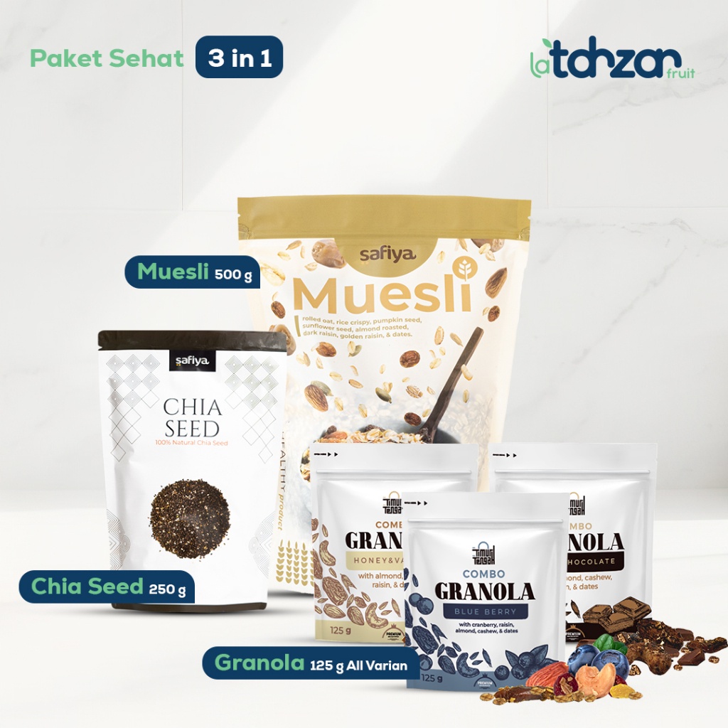 

[Paket Sehat 3 In 1] Muesli Safiya 500 Gr + Granola Timur Tengah 125 Gr + Chiaseed 250 Gr