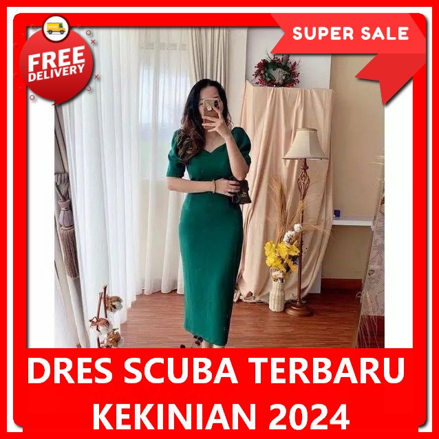 Dress Korean Style Scuba Baju Resepsi Pernikahan Modern Dreas Natal Merah Maroon Deress Wanita Casua