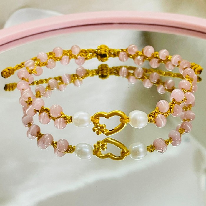 [Baru] Charm LovePearl Gelang Tali Variasi Emas Murni 24K Plus Mutiara Terbatas