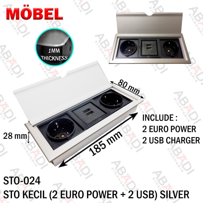 [Ori] Box Stop Kontak Buka Tutup 2 Euro Power  2 Usb Silver Meja Tanam Berkualitas