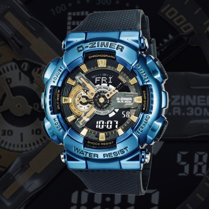 ✅New Ori Jam Tangan D Ziner 8295 Original Dual Time Rubber Black Blue Diskon