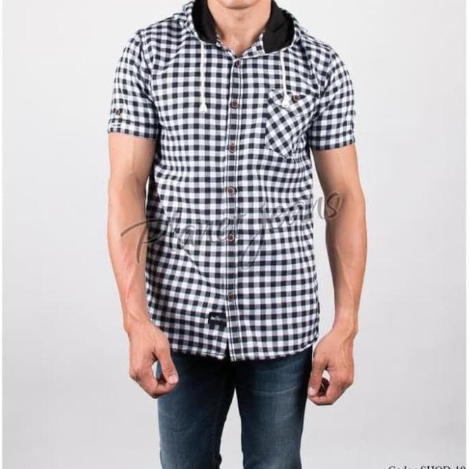 Termurah Kemeja Pria Flanel Hoodie Lengan Pendek Kupluk Jaket Sweater