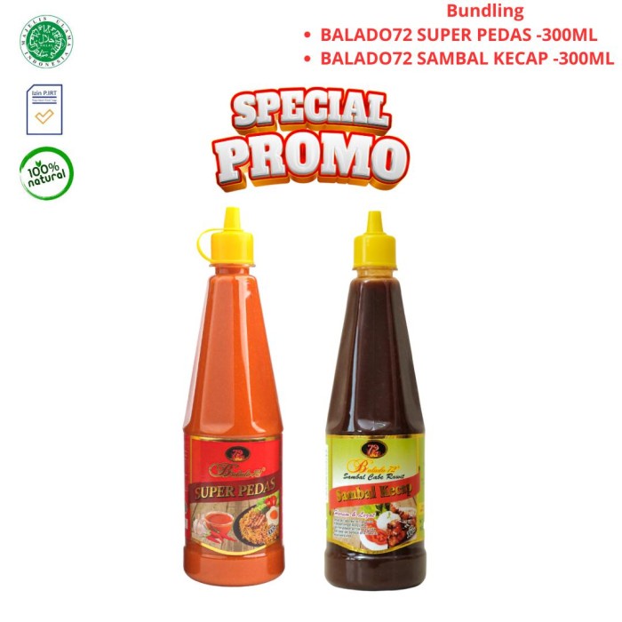 

Balado72 Sambal Cabe Rawit Pedas Alami 2 Botol Ukuran 300Ml /Paket