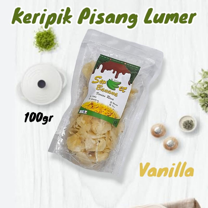 

Keripik Pisang Lumer Rasa Vanilla Kemasan Pouch Berat Bersih 100 Gram Kripik Cemilan