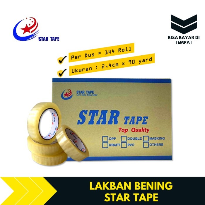 

✨Sale Lakban Selotip Bening Star Tape 1 Inch 90 Yard 1 Dus 144 Roll Diskon