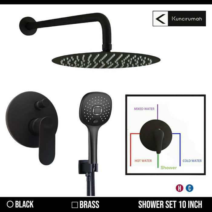 [New Ori] Shower Tanam Set Hitam Wall Shower 10 Inch Panas Dingin Kuningan Black Limited