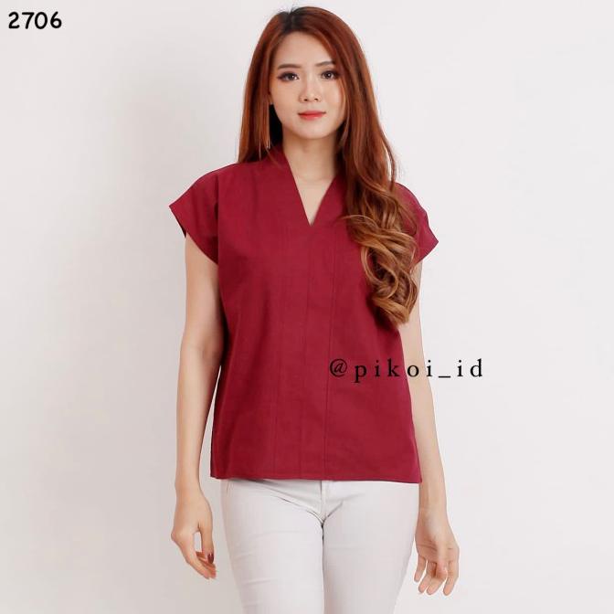 Baju Merah Natal Wanita / Atasan Peplum V Neck Maroon / Blouse Katun Berkualitas