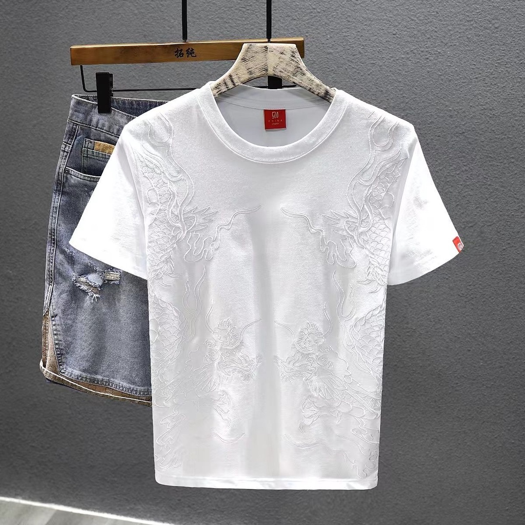 NAGA/Kemeja/Pria/Laki Laki/Dragon Pattern Short Sleeve T-shirt Men's Pure Color Casual Versatile