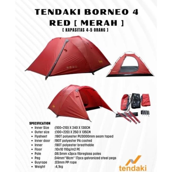 Tendaki Borneo 4 Red Tenda Camping Tendaki Borneo 4 Tenda Dome Tendaki Jayan_Store