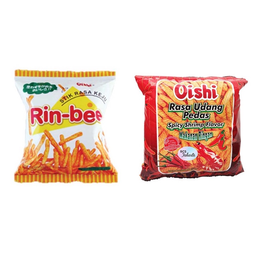 

Oishi Rinbee Rin-Bee Makanan Ringan Kentang Stik Rasa Keju dan Udang Pedas 1 Pack isi 10 Bungkus @10gr Chiki Ciki