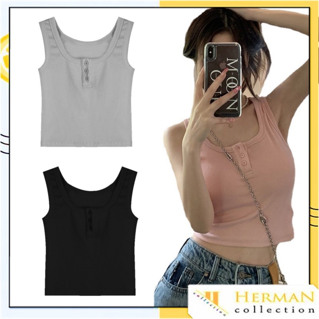 HC Tank Top Crop Wanita Motif Salur 6836 Korean Square Knit Atasan Wanita Pakaian Wanita Sleeveless 