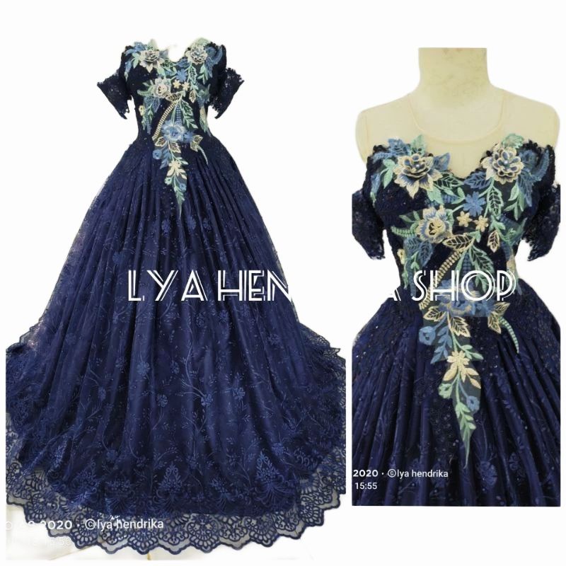 Baju pengantin biru Dongker 3D tile akar mutiara