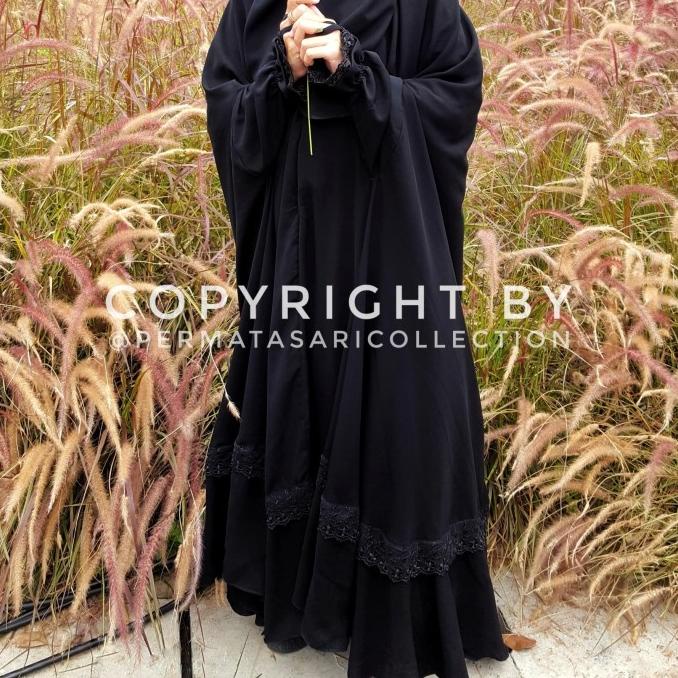 Best Seller Floor Round Overhead Over Head Long Khimar Jilbab Renda Busui Jetblack Berkualitas