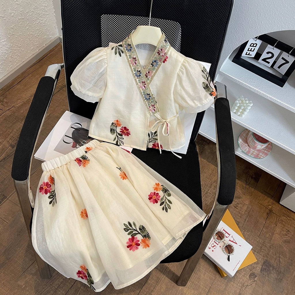 Setelan Hanfu Rok Lengan Pendek Wanita,